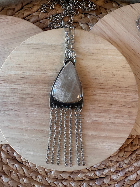 Silver Necklace with Peach Moonstone and fringe