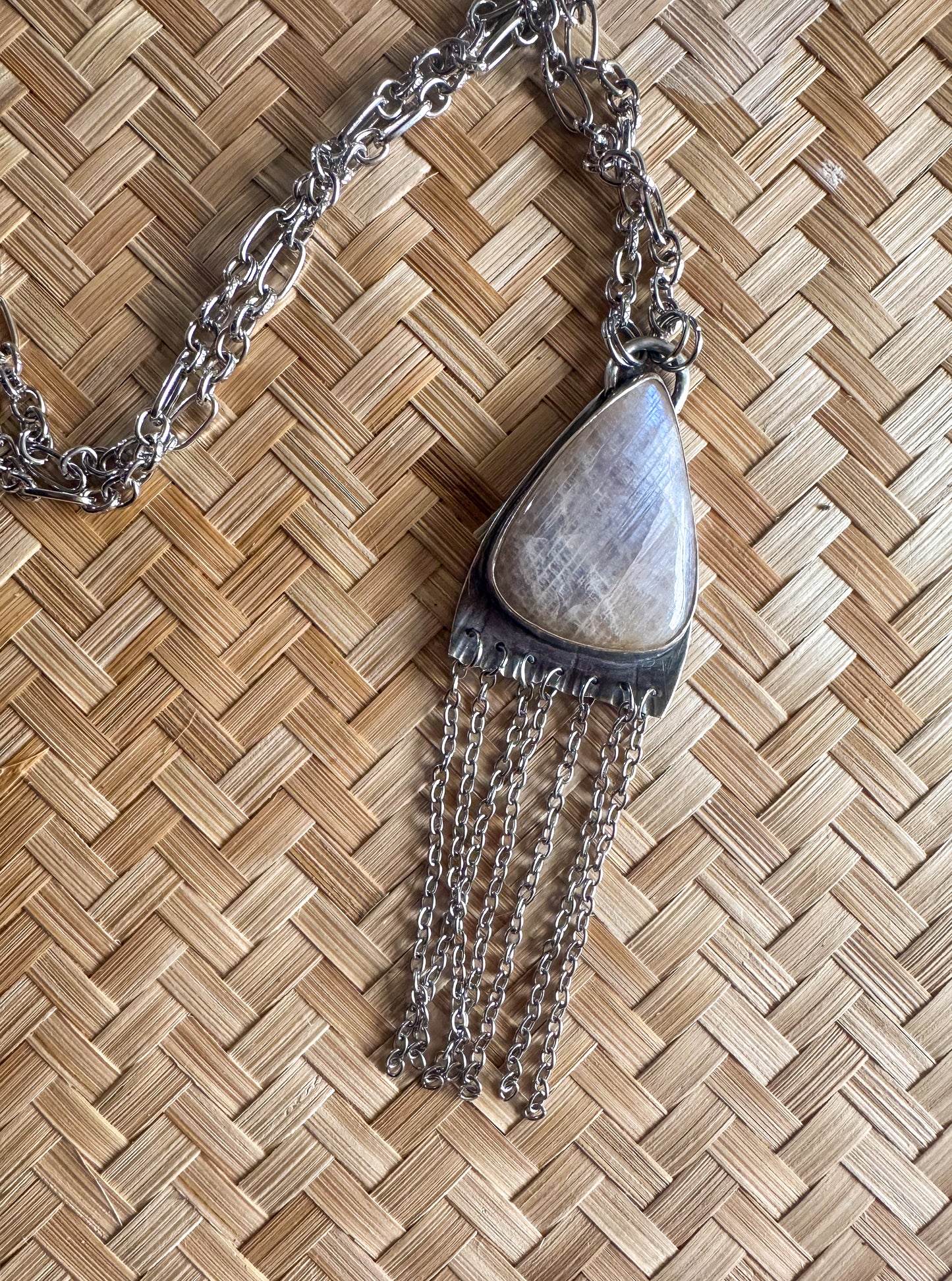Silver Necklace with Peach Moonstone and fringe