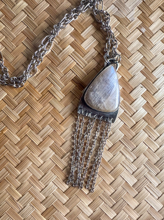 Silver Necklace with Peach Moonstone and fringe