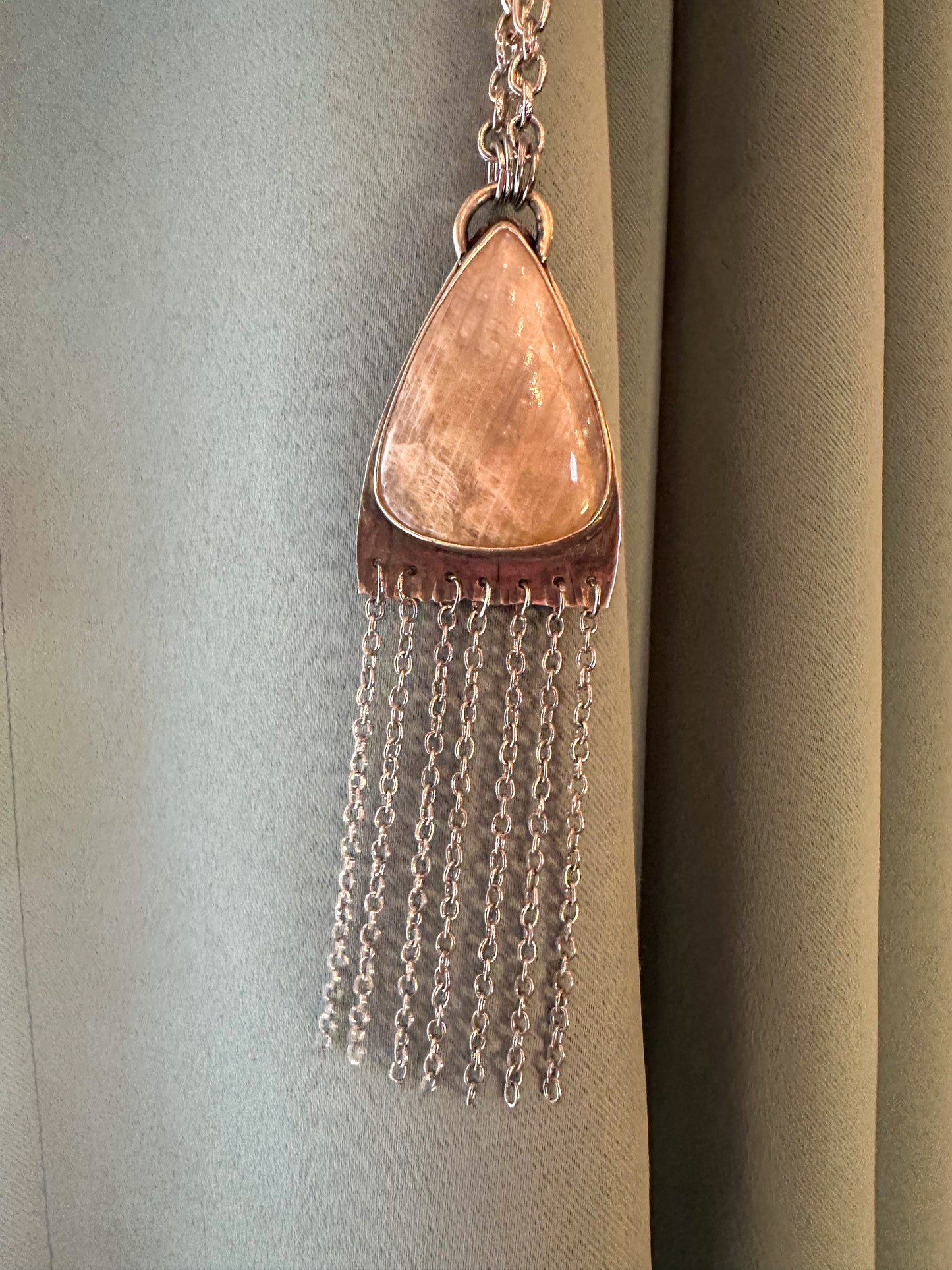 Silver Necklace with Peach Moonstone and fringe